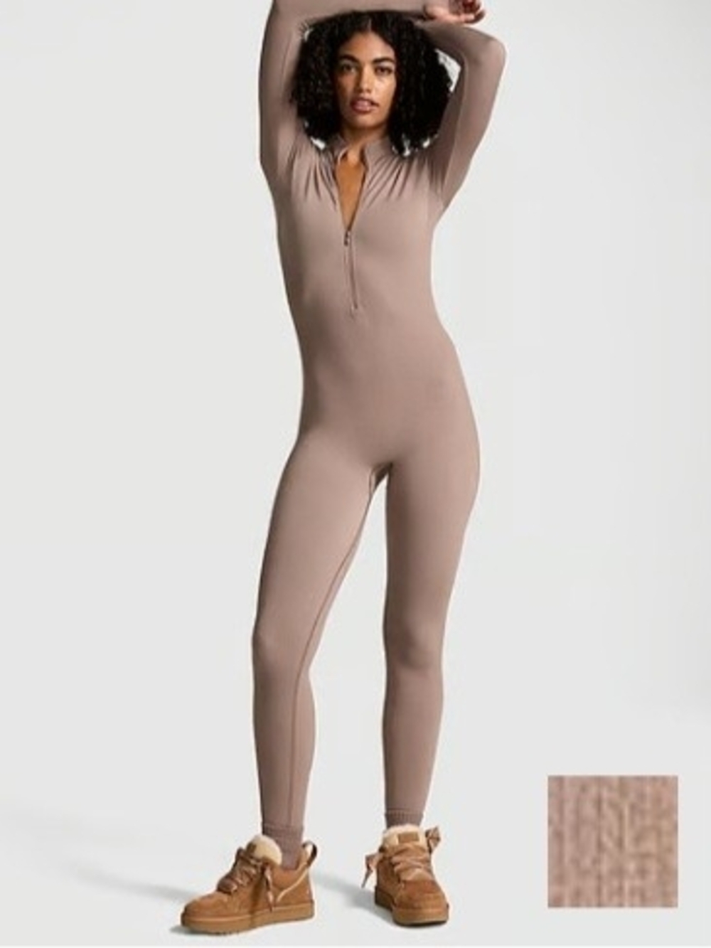 PINK Victoria's Secret Taupe Ribbed Long Sleeve Zip-Front Onesie Size M